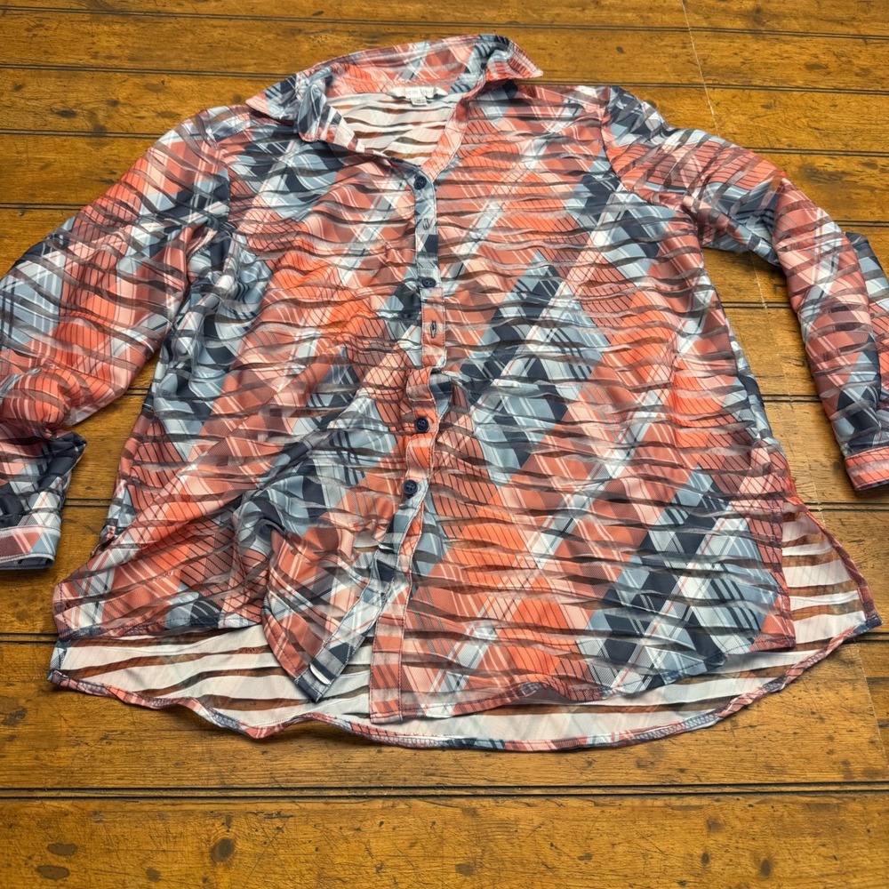 Erin London Women's‎ Plaid Sheer Button Up Shirt Orange Blue Size Medium